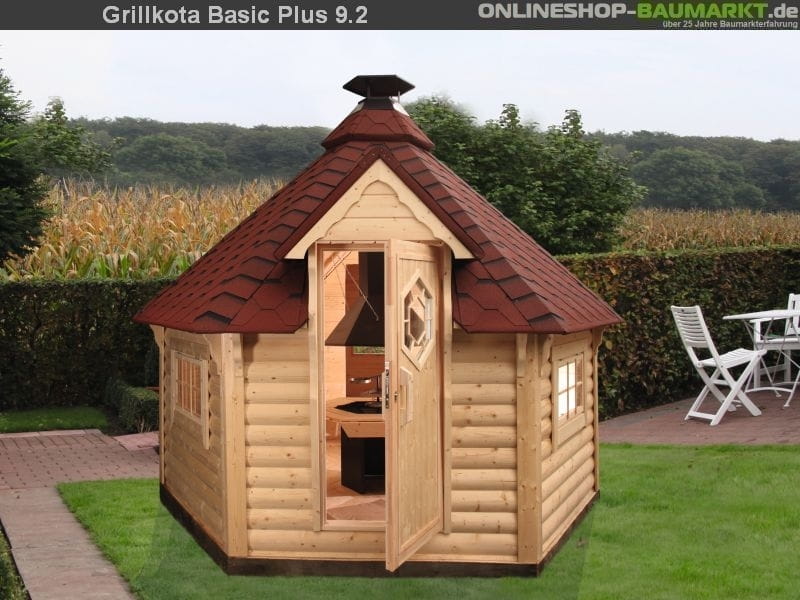 Wolff Finnhaus Grillkota 9 de luxe mit Saunaanbau inkl. rot-schwarzen Dachschindeln