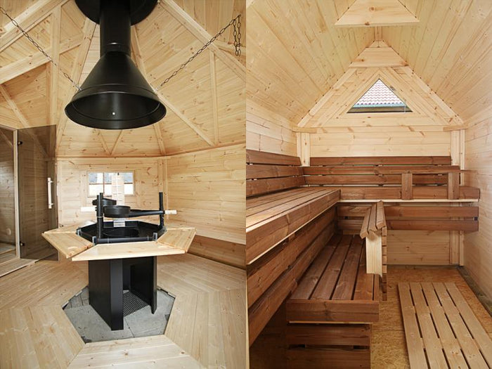 Wolff Finnhaus Grillkota 9 de luxe mit Saunaanbau inkl. rot-schwarzen Dachschindeln