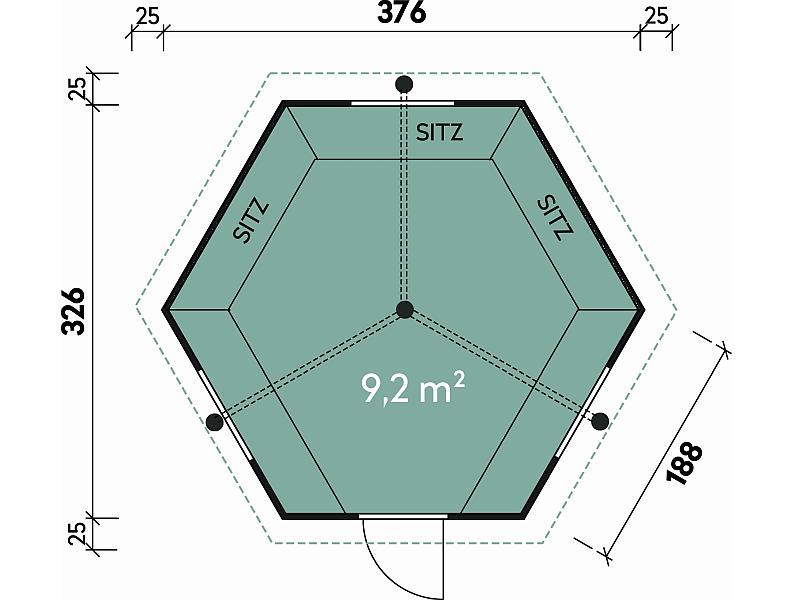 Wolff Finnhaus Grillkota Basic 9 mit Grillanlage schwarze Schindeln und rundem Tisch