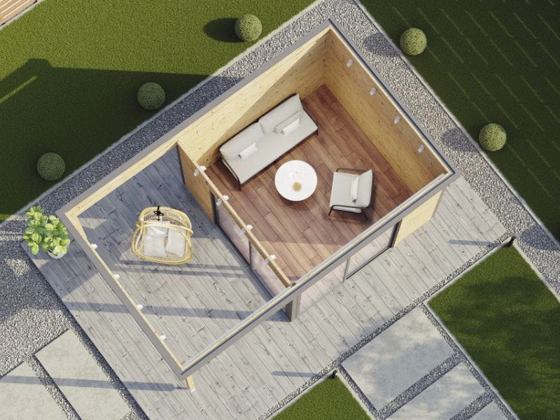 Wolff Finnhaus Pultdachhaus Studio 44-B Anthrazit mit Seitendach und 2 Schiebetüren