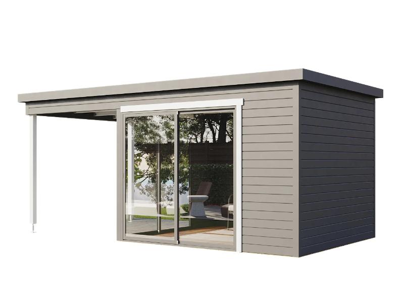 Wolff Finnhaus Pultdachhaus Studio 44-B Anthrazit mit Seitendach und 2 Schiebetüren