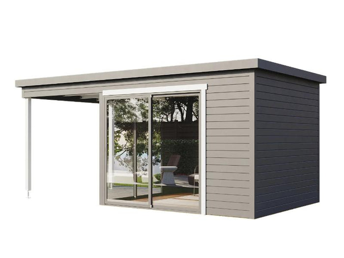 Wolff Finnhaus Pultdachhaus Studio 44-B Anthrazit mit Seitendach und 2 Schiebetüren