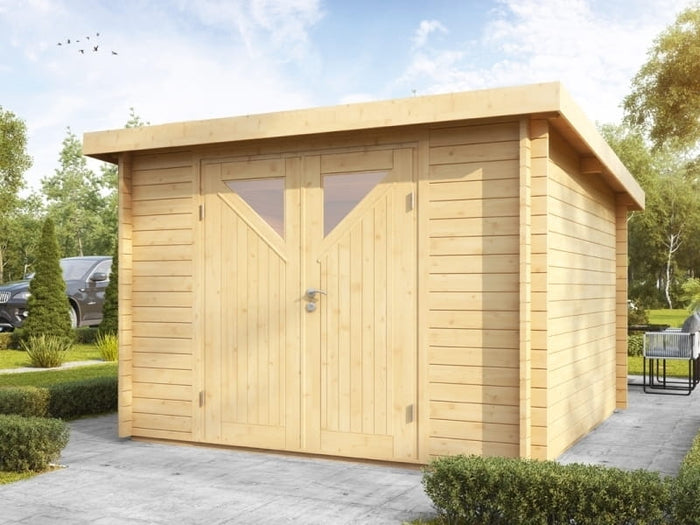 Wolff Finnhaus Pulti 34-B Typ 4 mit Dreieckglas-Tür naturbelassen