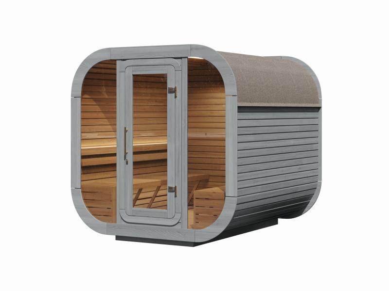 Wolff Finnhaus Sauna Luago 2x2 montiert Typ 3 Art 1, hellgrau, inkl. Dacheindeckung und Vollglasfron