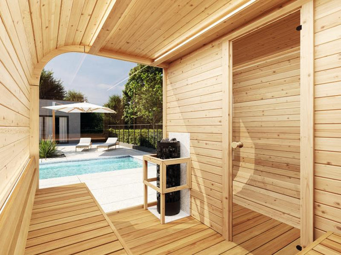 Wolff Finnhaus Sauna Luago 3x2 montiert Typ 3 Art 1, Kiefer, inkl. Dacheindeckung, Vollglasfront und