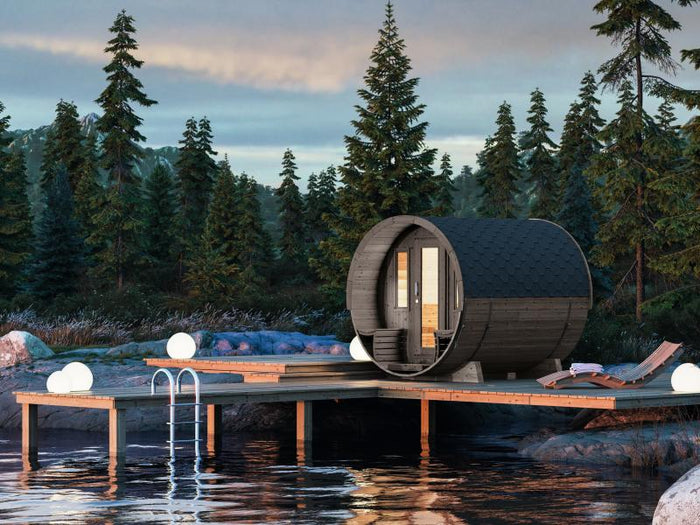 Wolff Finnhaus Saunafass 280 de luxe montiert DS schwarz Anstrich Hellgrau