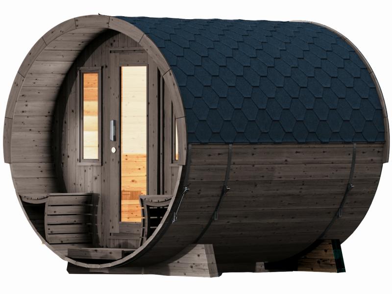 Wolff Finnhaus Saunafass 280 de luxe montiert DS schwarz Anstrich Hellgrau