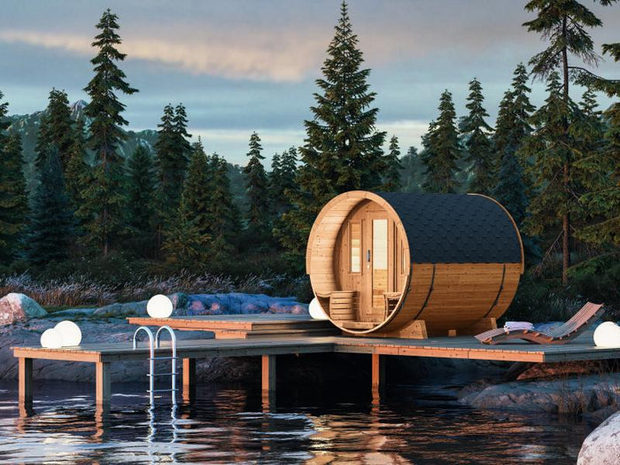 Wolff Finnhaus Saunafass 280 de luxe montiert DS schwarz Anstrich Kiefer