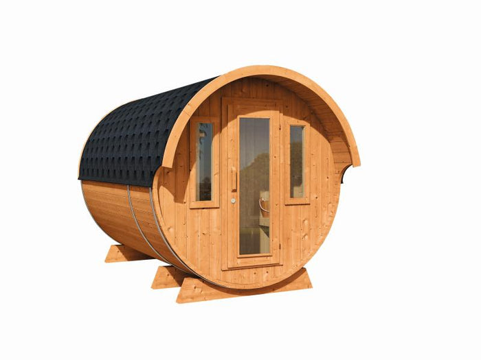 Wolff Finnhaus Saunafass 330 de luxe montiert DS schwarz Anstrich Walnuss