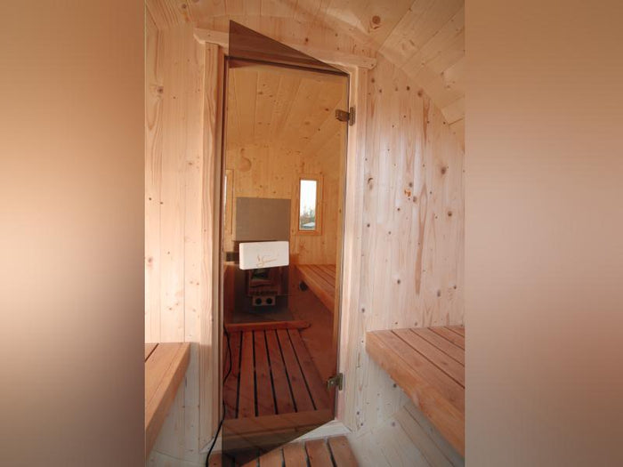 Wolff Finnhaus Saunafass 330 de luxe montiert DS schwarz Anstrich Walnuss