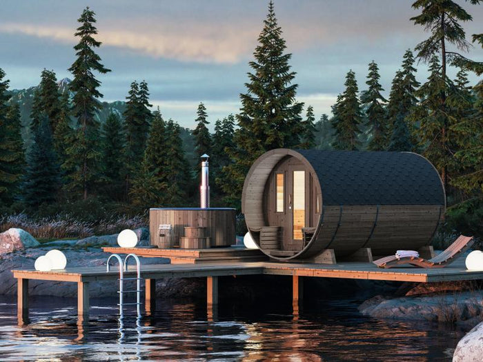 Wolff Finnhaus Saunafass 400 de luxe montiert DS schwarz Anstrich Hellgrau