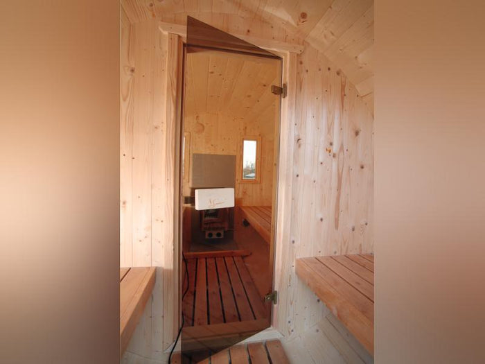 Wolff Finnhaus Saunafass 400 de luxe montiert DS schwarz Anstrich Walnuss