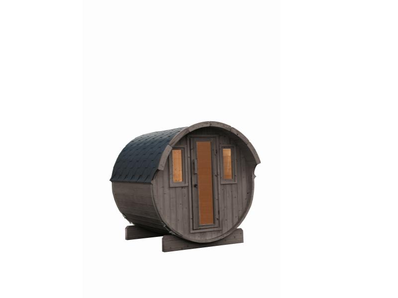 Wolff Finnhaus Saunafass Basic 230 montiert DS schwarz Anstrich Hellgrau