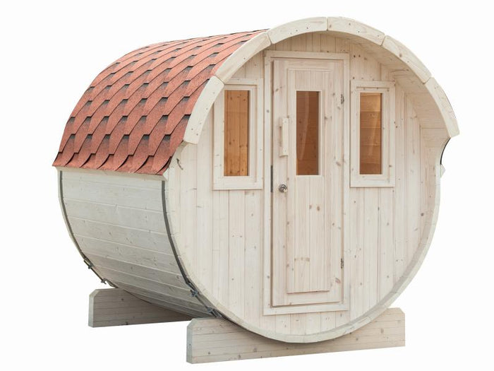 Wolff Finnhaus Saunafass Basic 230 montiert mit roten Dachschindeln