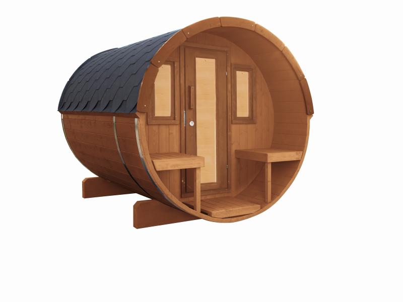 Wolff Finnhaus Saunafass Basic 250 montiert DS schwarz Anstrich Walnuss