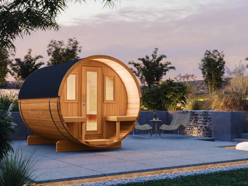 Wolff Finnhaus Saunafass Basic 280 montiert DS schwarz Anstrich Kiefer