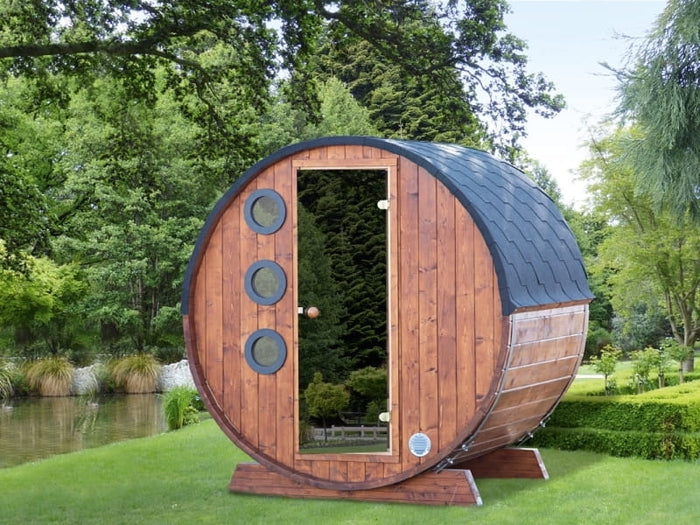 Wolff Finnhaus Saunafass Mini 160 komplett montiert inkl. schwarzen Schindeln