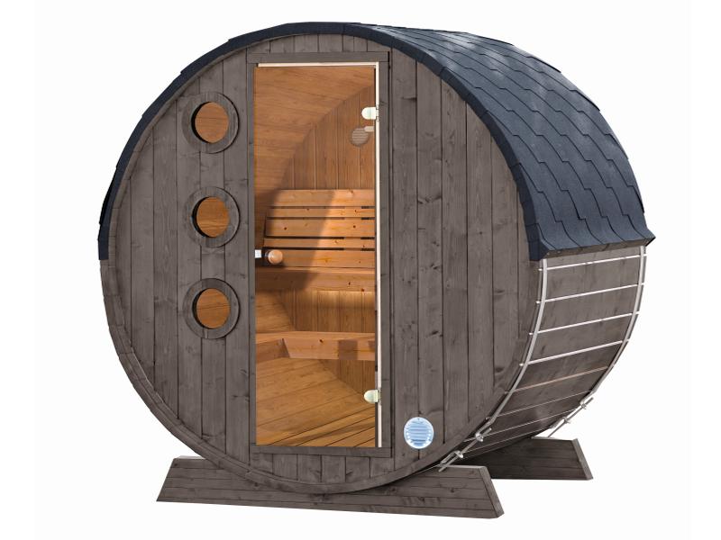 Wolff Finnhaus Saunafass Mini 160 komplett montiert inkl. schwarzen Schindeln