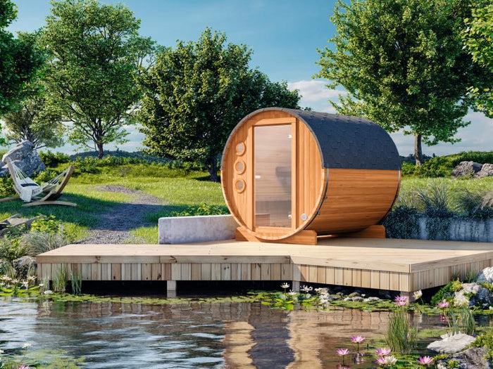 Wolff Finnhaus Saunafass Mini 160 komplett montiert inkl. schwarzen Schindeln, Kiefer