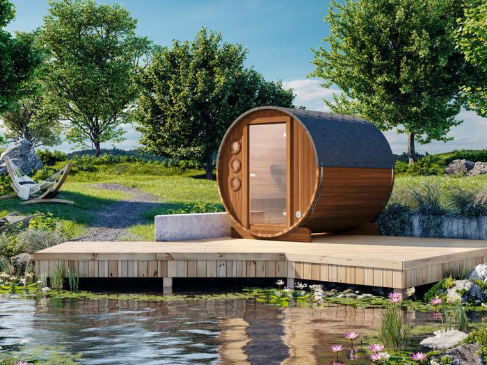 Wolff Finnhaus Saunafass Mini 160 komplett montiert inkl. schwarzen Schindeln, Walnuss