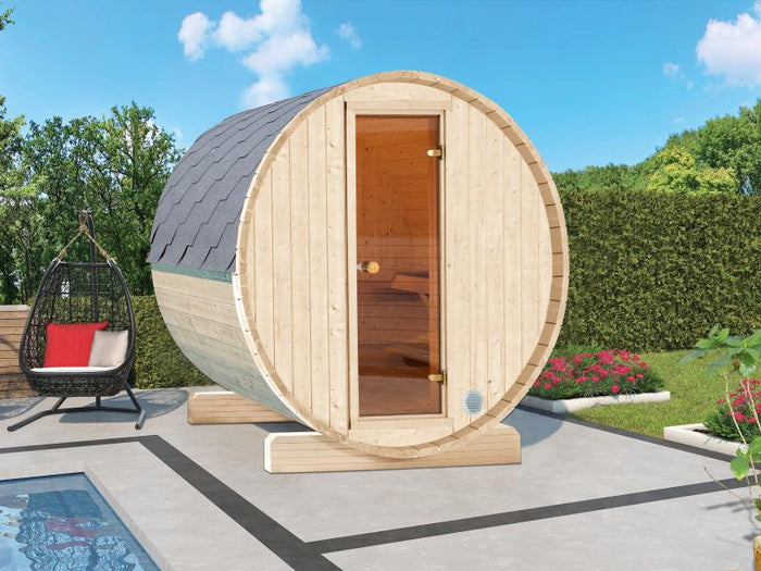 Wolff Finnhaus Terrassen-Saunafass 130 Bausatz mit Dachschindeln in schwarz