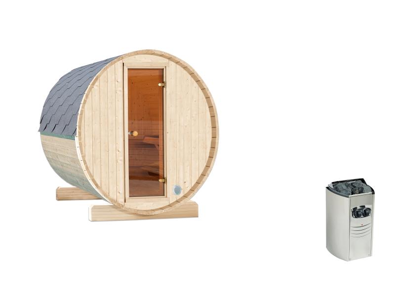 Wolff Finnhaus Terrassen-Saunafass 130 Bausatz Set 1 inkl. 220 Volt-Ofen integr. Steuerung, mit Dach