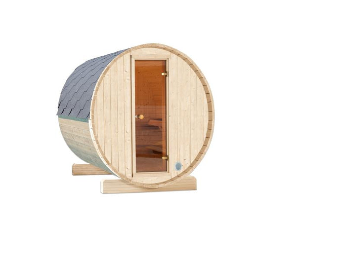 Wolff Finnhaus Terrassen-Saunafass 130 montiert mit Dachschindeln in schwarz