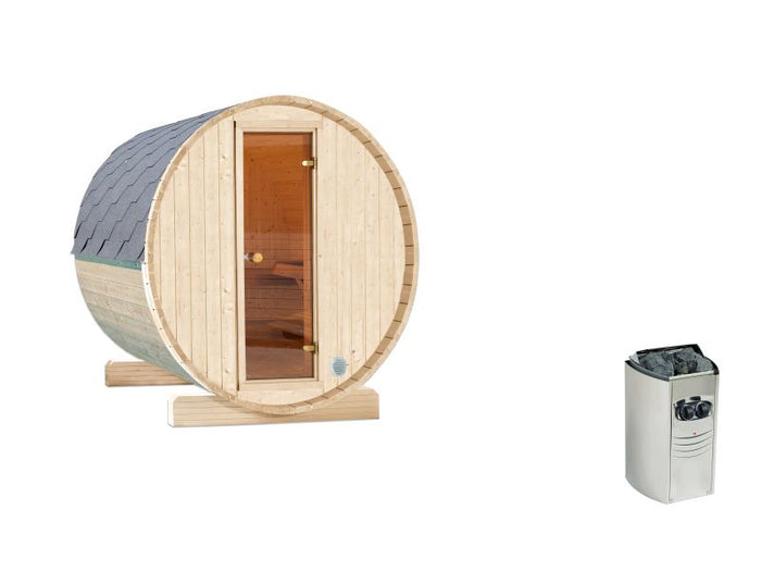 Wolff Finnhaus Terrassen-Saunafass 130 montiert Set 1 inkl. 220 Volt-Ofen integr. Steuerung, mit Dac