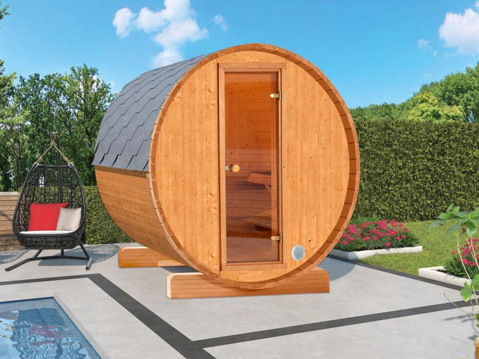 Wolff Finnhaus Terrassen-Saunafass 130 Thermoholz Bausatz mit Dachschindeln in schwarz