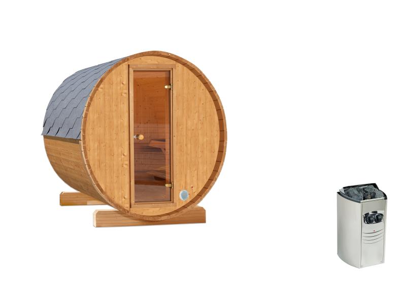 Wolff Finnhaus Terrassen-Saunafass 130 Thermoholz Bausatz Set 1 inkl. 220 Volt-Ofen integr. Steuerun