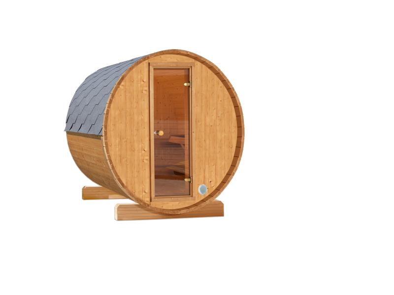 Wolff Finnhaus Terrassen-Saunafass 130 Thermoholz montiert mit Dachschindeln in schwarz