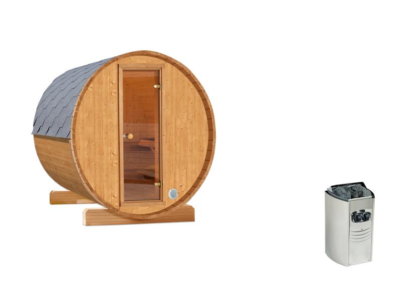 Wolff Finnhaus Terrassen-Saunafass 130 Thermoholz montiert im Set 1 inkl. 220 Volt-Ofen integr. Ste