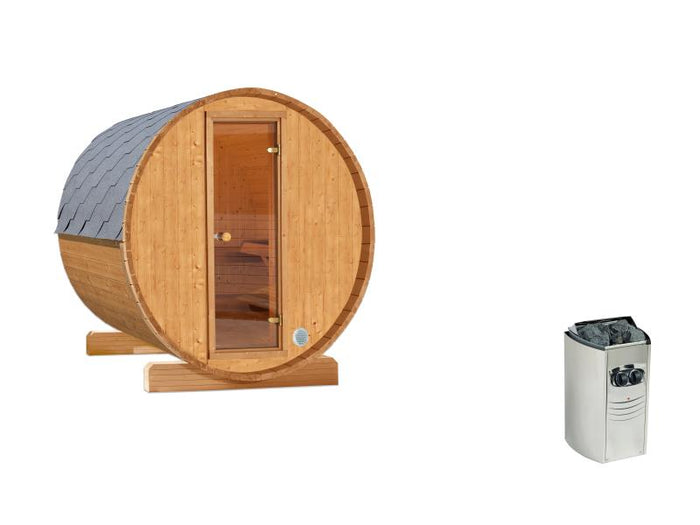 Wolff Finnhaus Terrassen-Saunafass 130 Thermoholz montiert im Set 1 inkl. 220 Volt-Ofen integr.  Ste