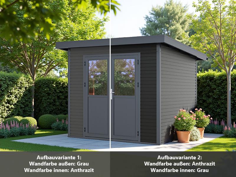 Linholm WPC Gartenhaus Linia 2424 inkl. Dachrinnen-Set, 2-farbig Grau/Anthrazit