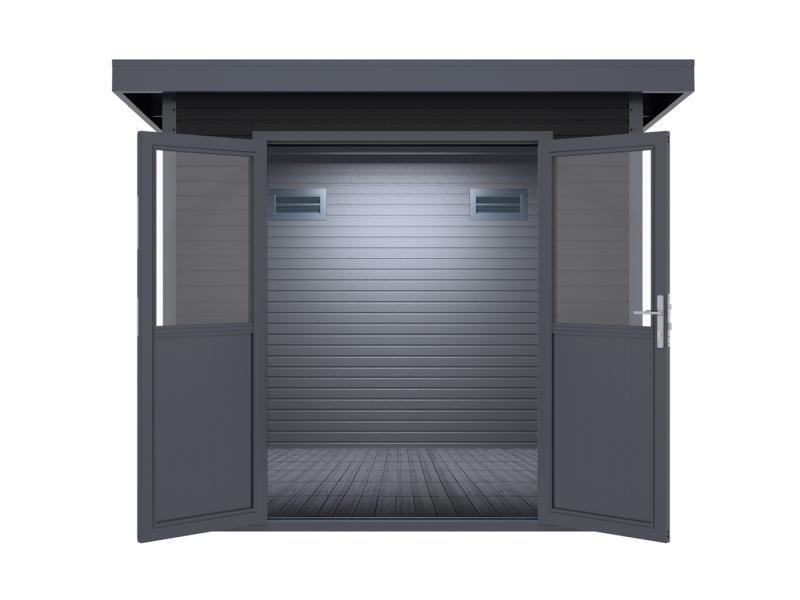 Linholm WPC Gartenhaus Linia 2424 inkl. Dachrinnen-Set, 2-farbig Grau/Anthrazit