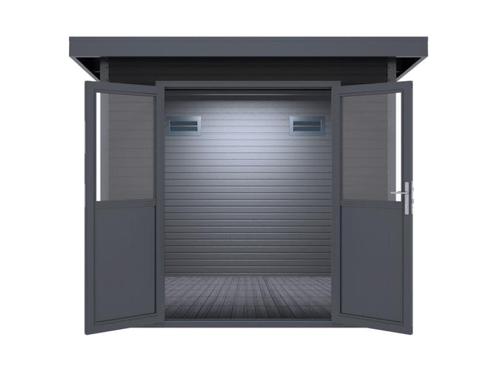 Linholm WPC Gartenhaus Linia 2424 inkl. Dachrinnen-Set, 2-farbig Grau/Anthrazit