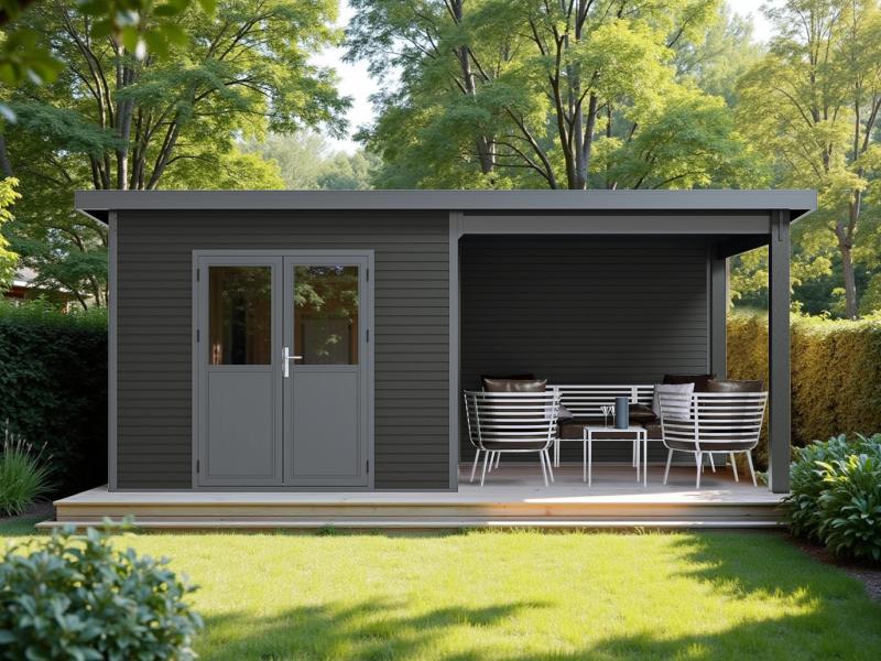 Linholm WPC Gartenhaus Linia 5628 mit Anbaudach und Rückwand, inkl. Dachrinnen-Set, Anthrazit