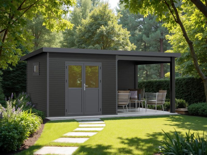 Linholm WPC Gartenhaus Linia 5628 mit Anbaudach und Rückwand, inkl. Dachrinnen-Set, Anthrazit