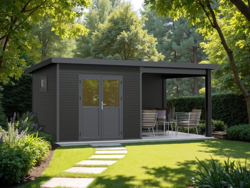 Linholm WPC Gartenhaus Linia 5628 mit Anbaudach und Rückwand, inkl. Dachrinnen-Set, Anthrazit