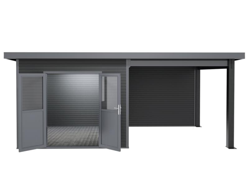 Linholm WPC Gartenhaus Linia 5628 mit Anbaudach und Rückwand, inkl. Dachrinnen-Set, Anthrazit