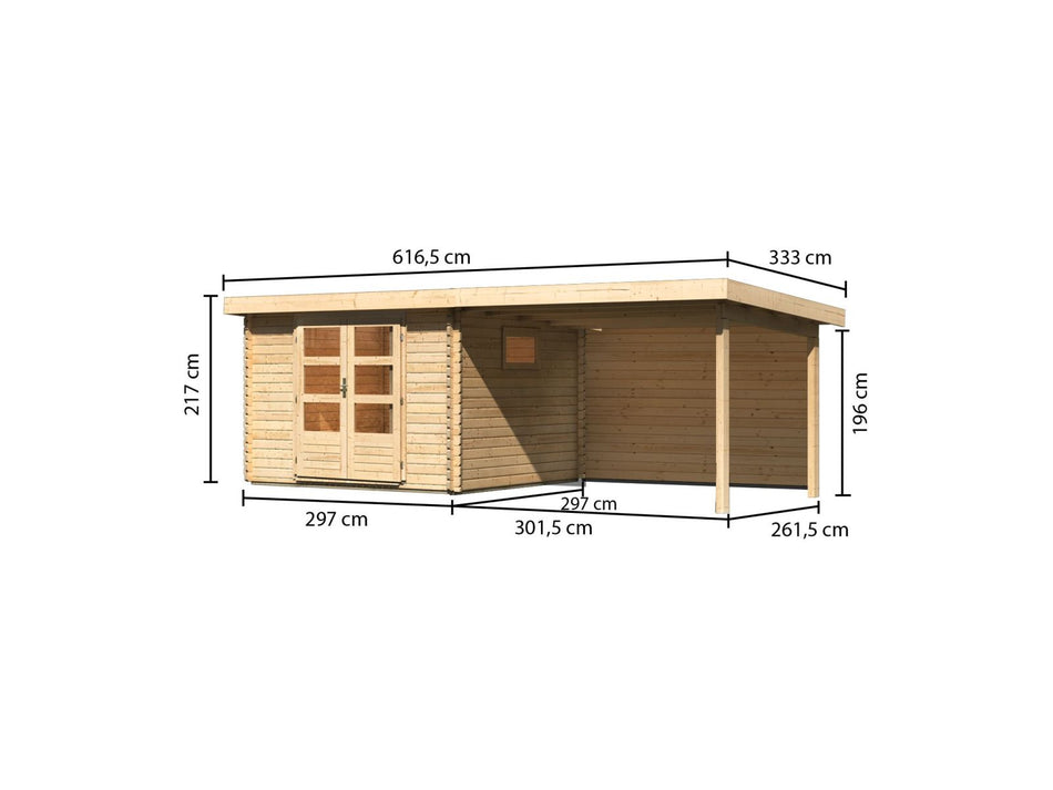 Karibu Gartenhaus Trittau 3 natur mit Anbaudach 3,3 m inkl. Rückwand