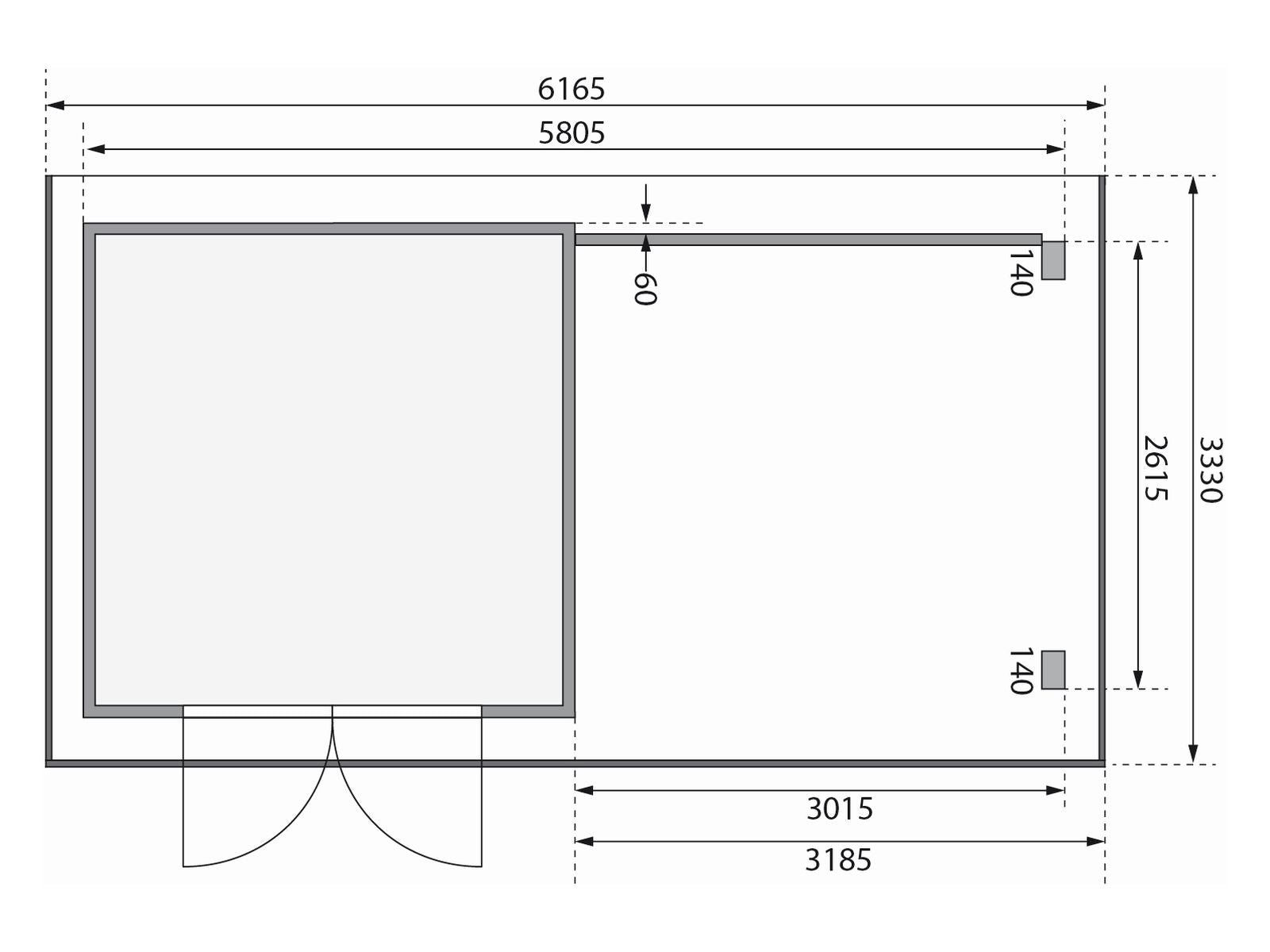 Karibu Gartenhaus Trittau 3 natur mit Anbaudach 3,3 m inkl. Rückwand