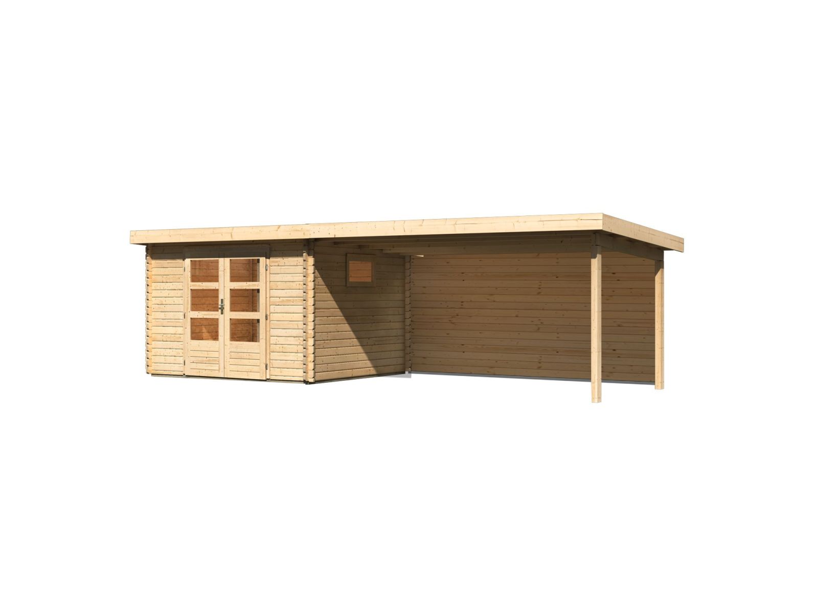 Karibu Gartenhaus Trittau 3 natur mit Anbaudach 4,4 m inkl. Rückwand