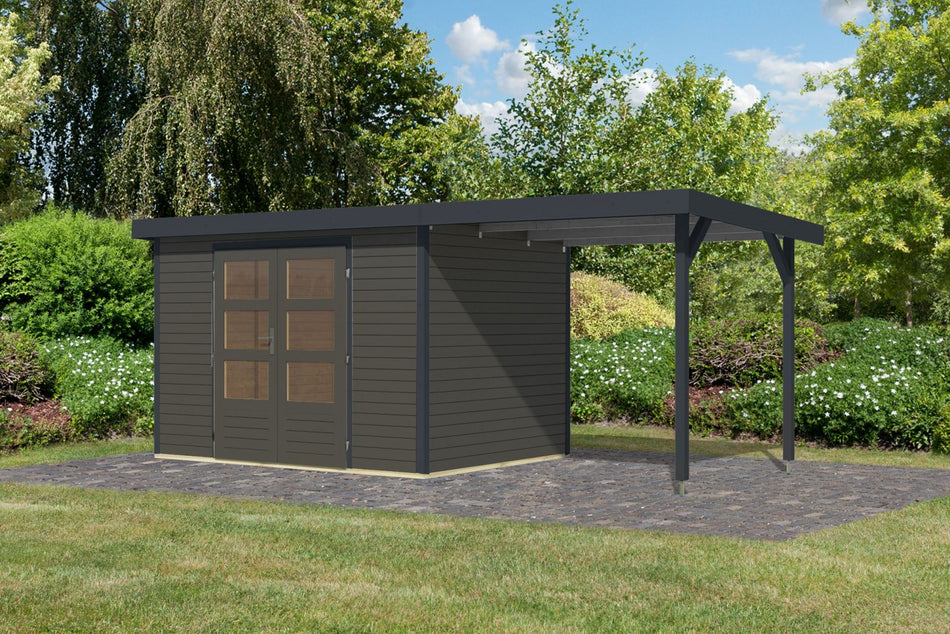 Karibu Hybrid Gartenhaus Jupiter 4 B terragrau/anthrazit, inkl. 2,35 m Anbaudach