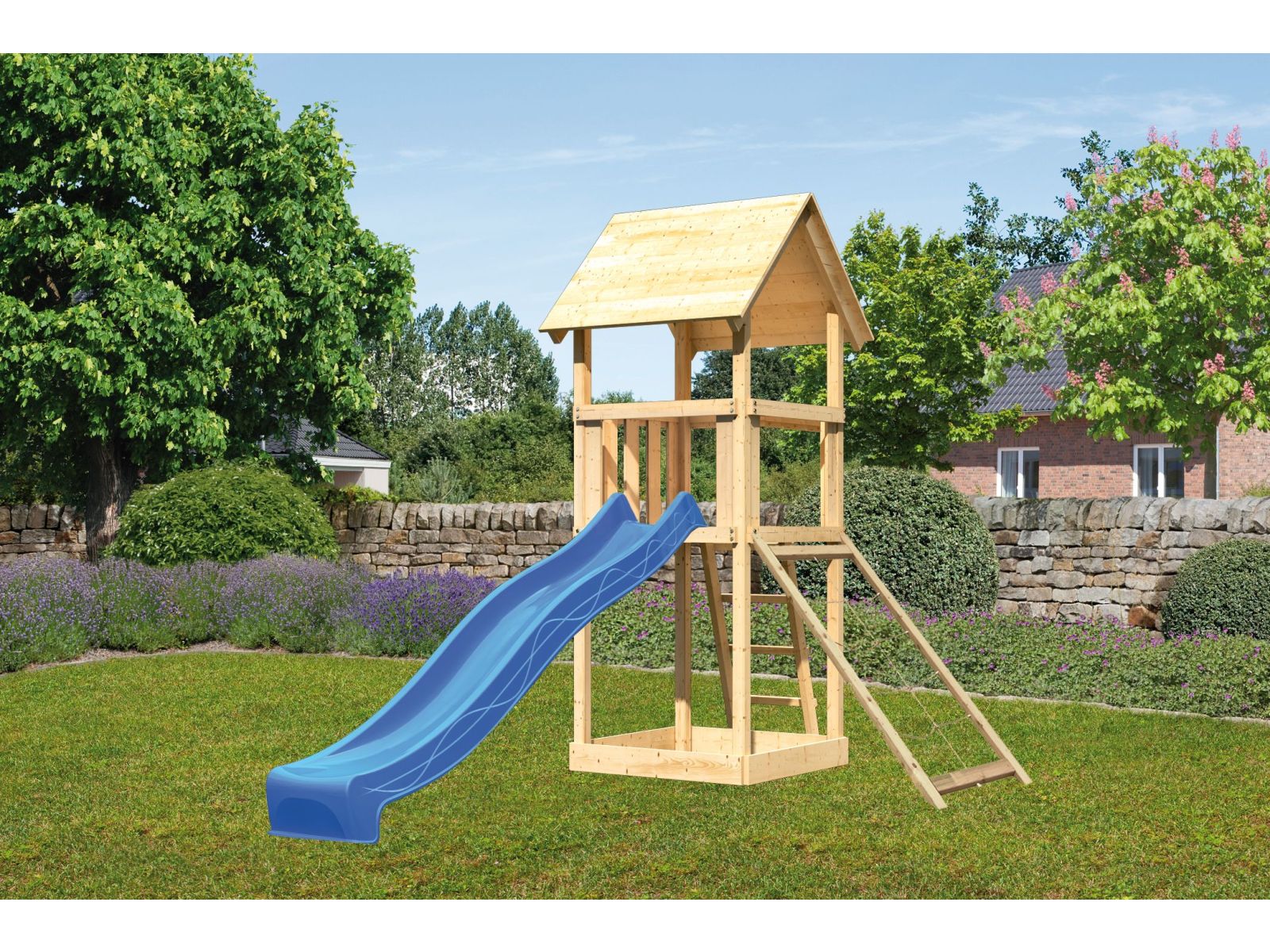 Karibu Spielturm Lotti mit Netzrampe und Rutsche blau