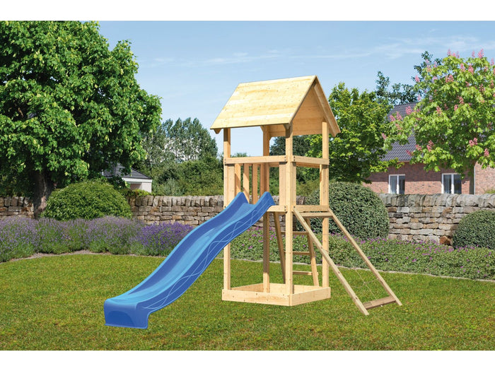 Karibu Spielturm Lotti mit Netzrampe und Rutsche blau