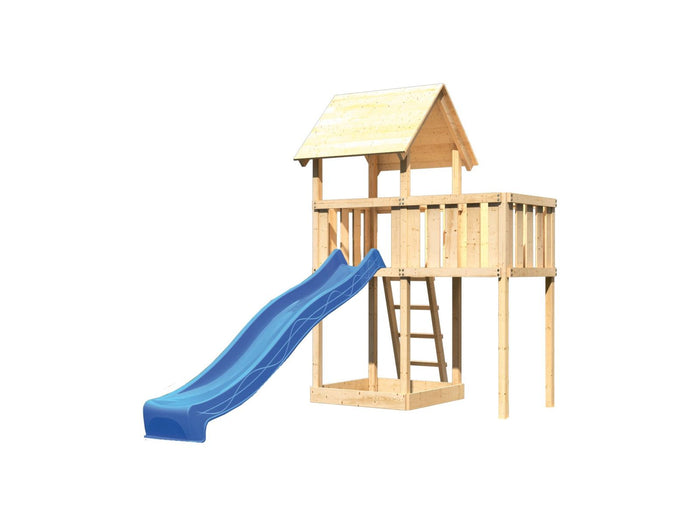 Karibu Spielturm Lotti natur mit Anbauplattform und Rutsche blau