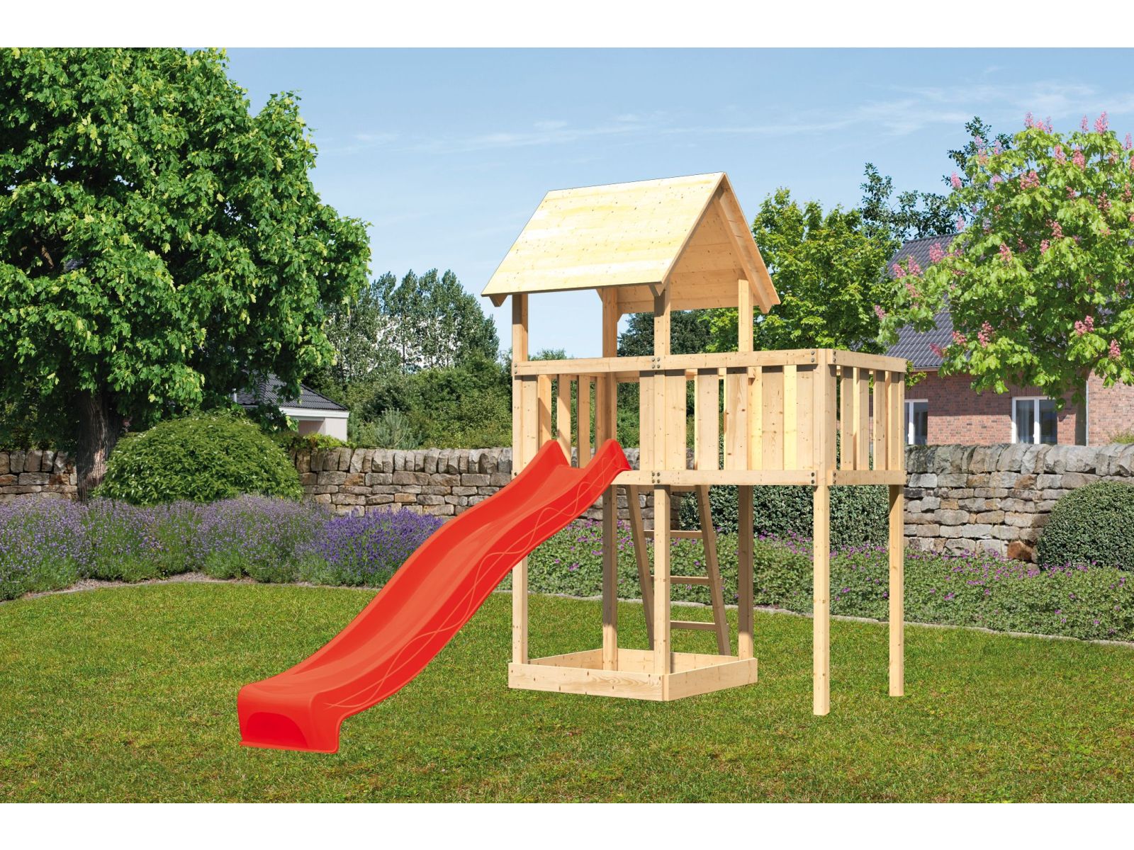 Karibu Spielturm Lotti natur mit Anbauplattform und Rutsche rot