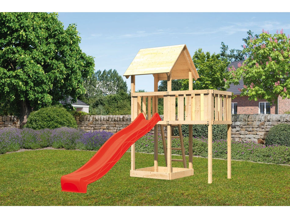 Karibu Spielturm Lotti natur mit Anbauplattform und Rutsche rot