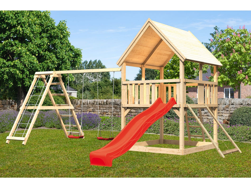 Karibu Spielturm Luis Satteldach + Rutsche rot + Doppelschaukelanbau Klettergerüst + Netzrampe